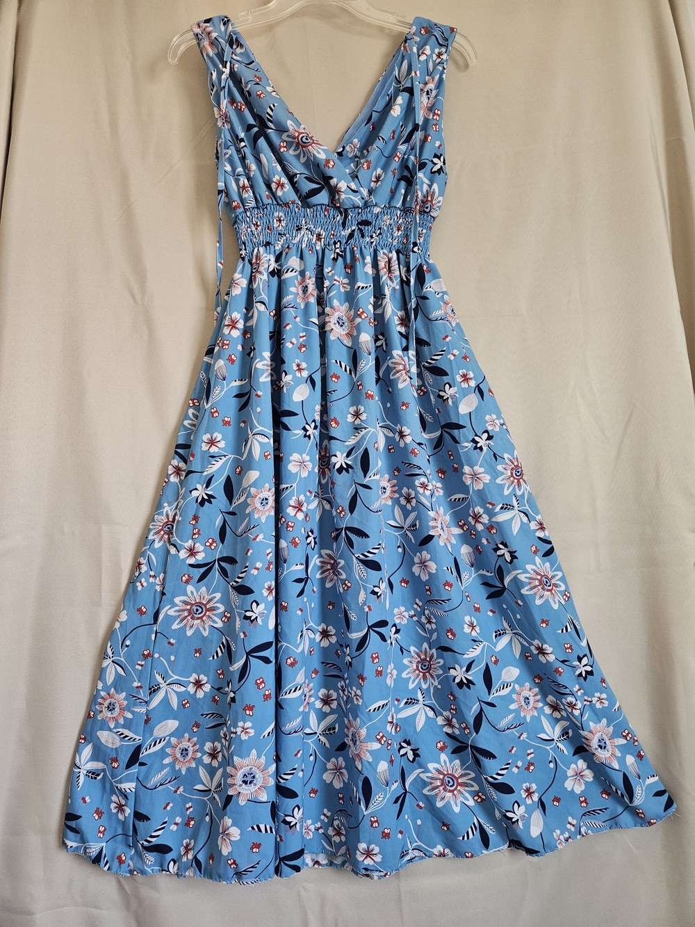 Blue Floral V-Neck Sleeveless Midi Dress M/L - Picture 2 of 8